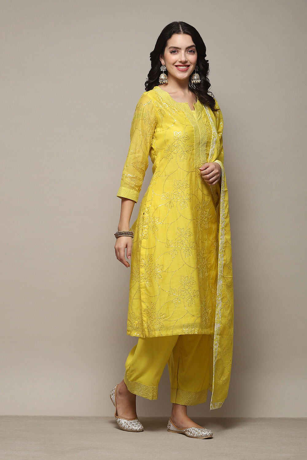 Lime Yellow Cotton Silk Straight Kurta Palazzo Suit Set image number 6