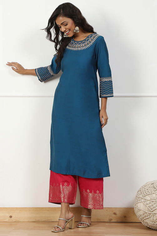 Blue Jacquard Solid Straight Palazzo Pants image number 0