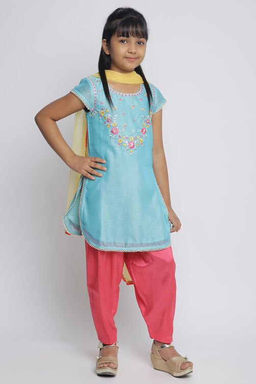 Turquoise Poly Cotton Straight Kurta Salwar Suit Set image number 3