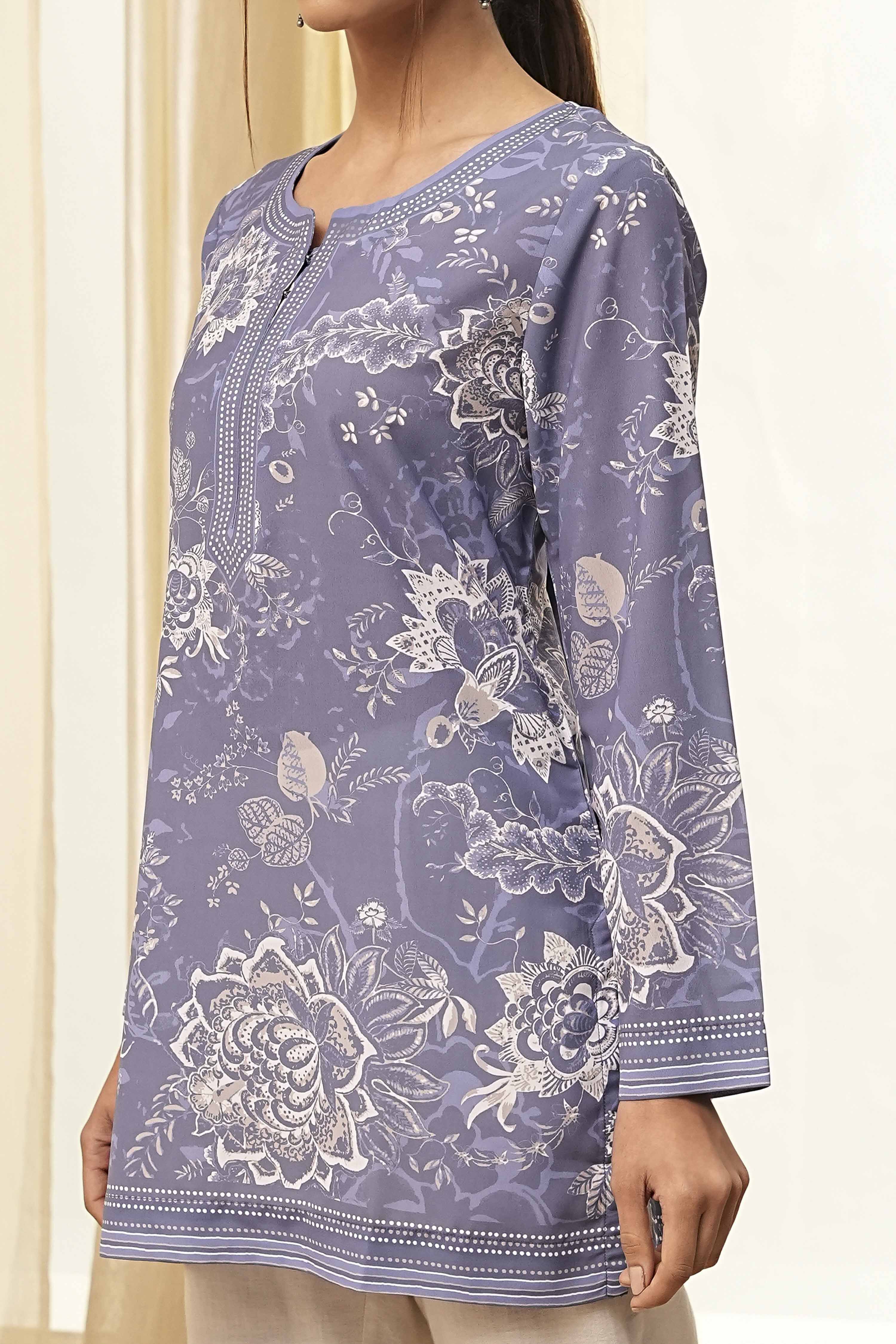 Blue Floral Printed Short Straight Kurta image number 1