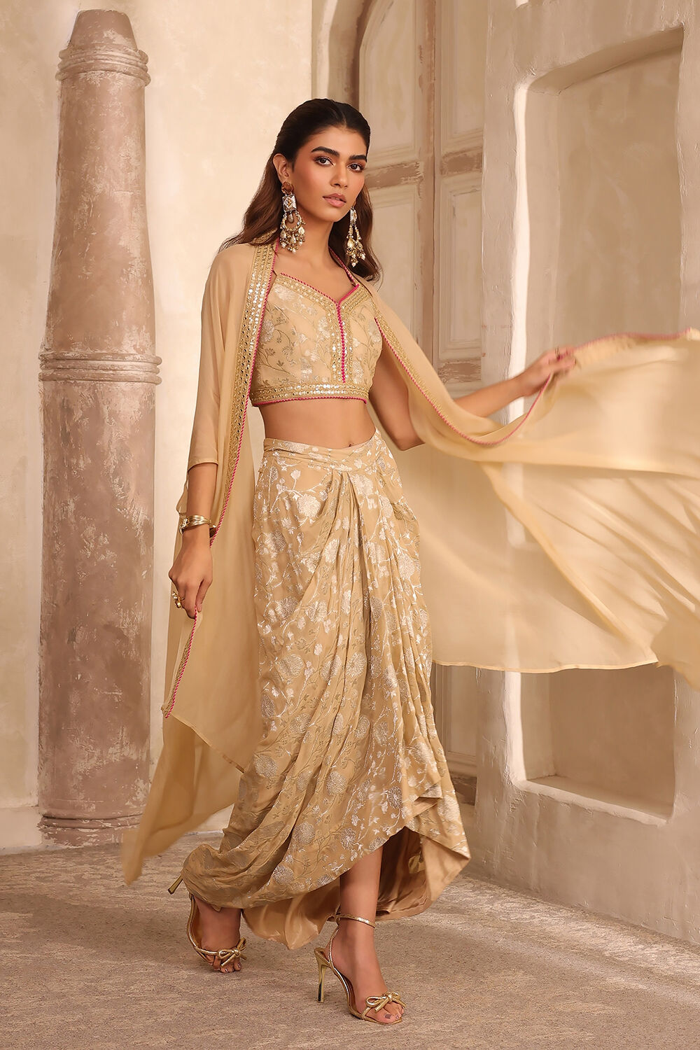 Beige Pure Georgette Jacquard Fusion Skirt Set image number 5