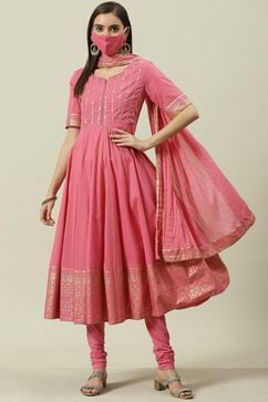 Pink Embroidered Cotton Anarkali Kurta Churidar Suit Set image number 7