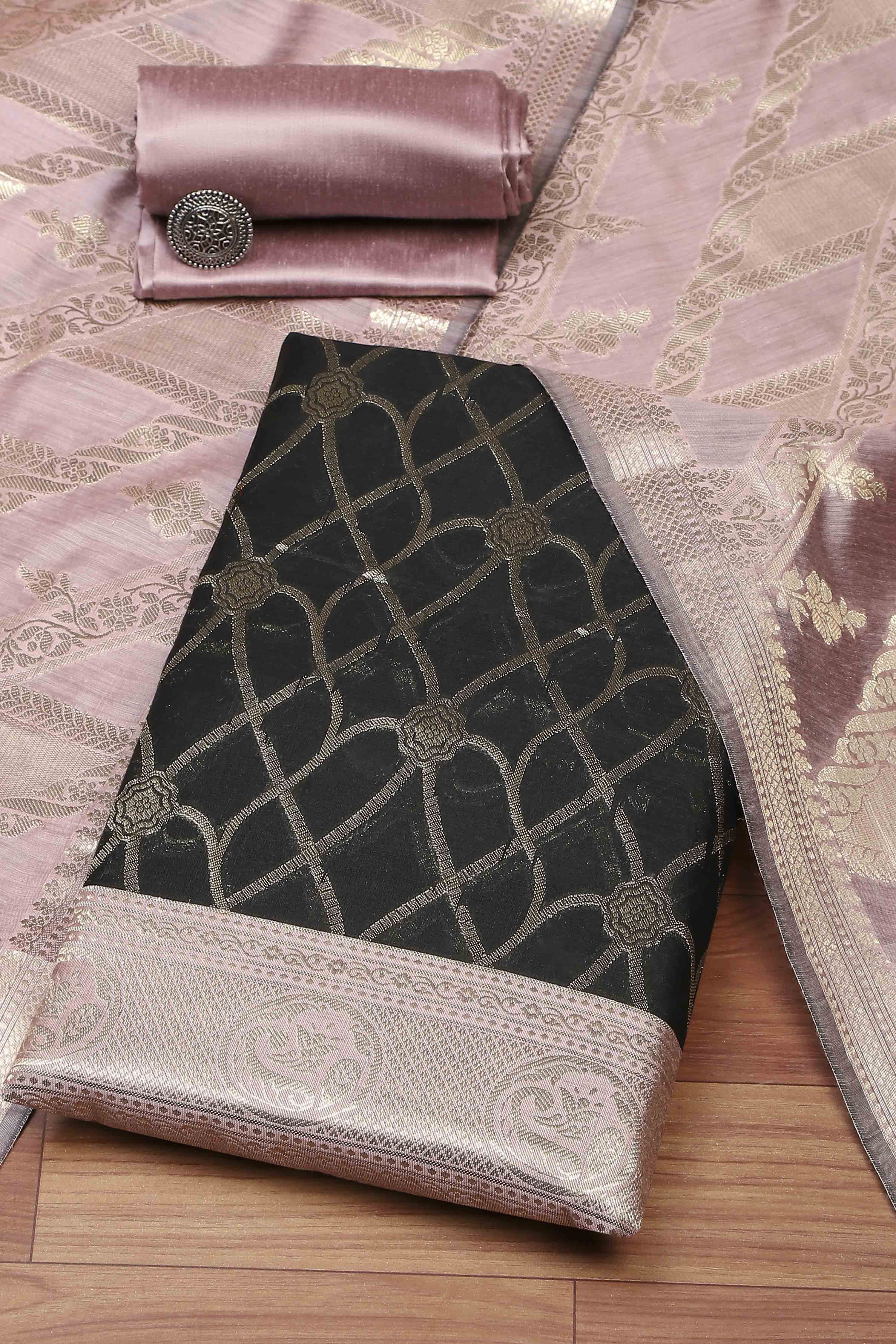 Black Cotton Printed Embroidered Unstitched Suit Set image number 0