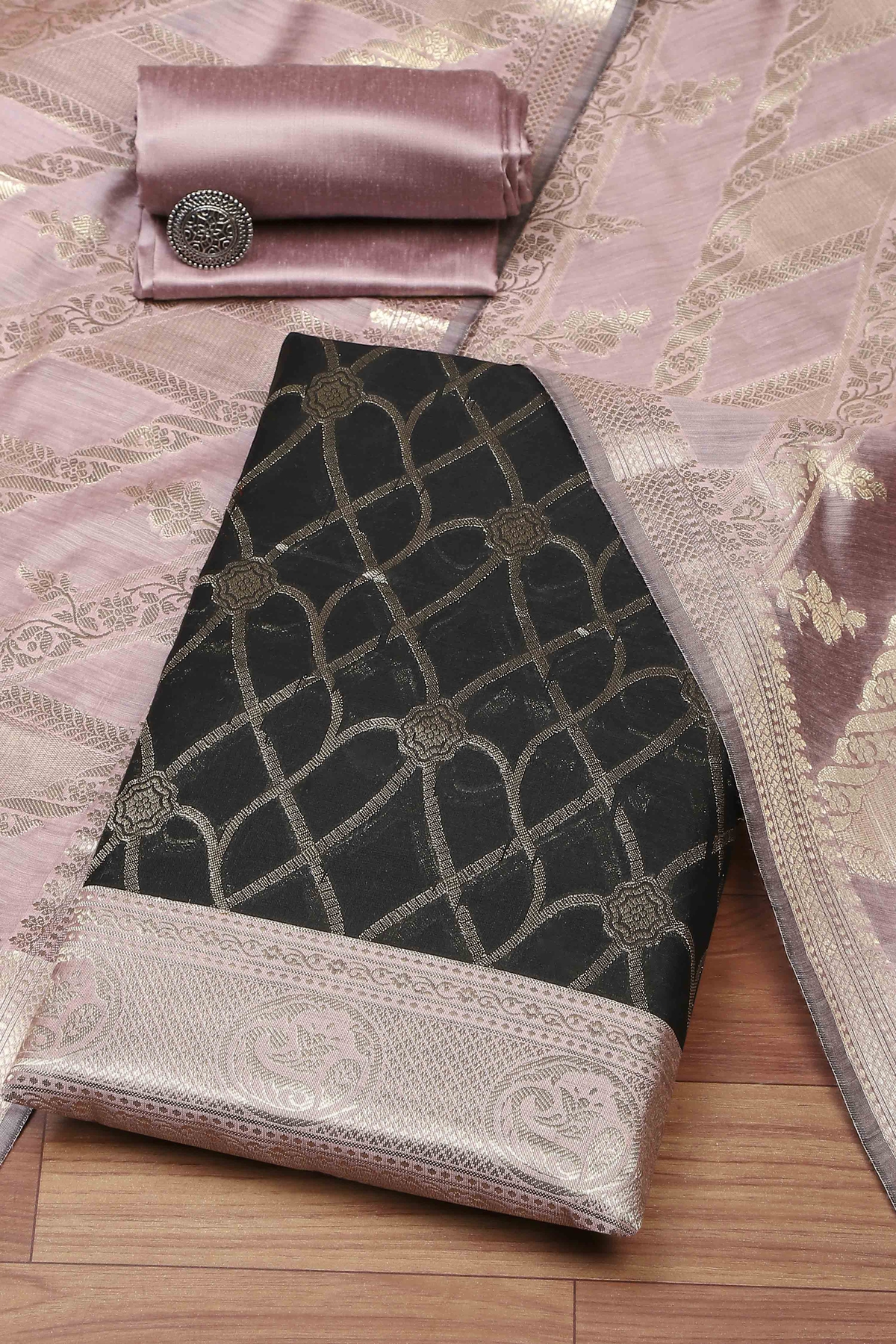 Black Cotton Printed Embroidered Unstitched Suit Set