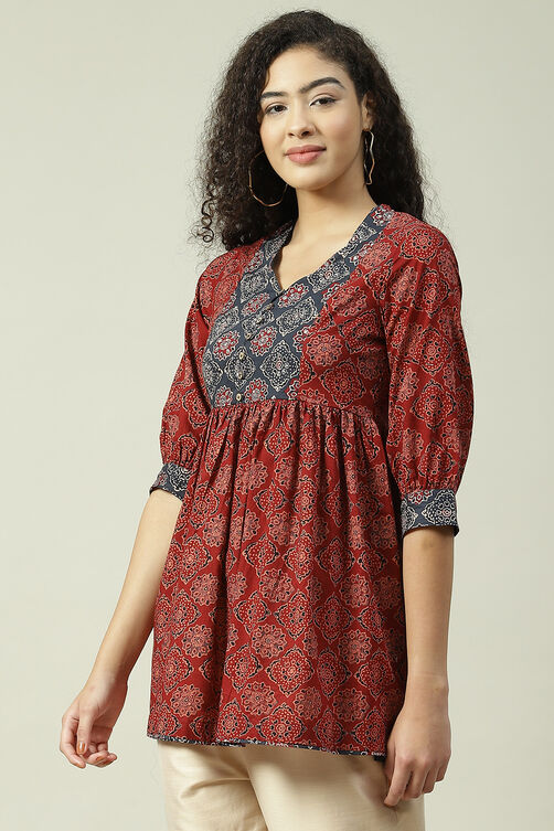 Rust Cotton Flared Printed Short Kurti image number 2