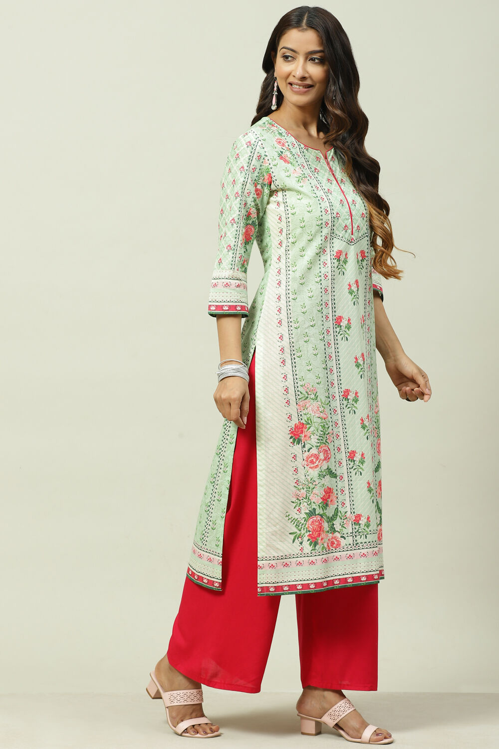 Green Cotton Straight Printed Kurta image number 3