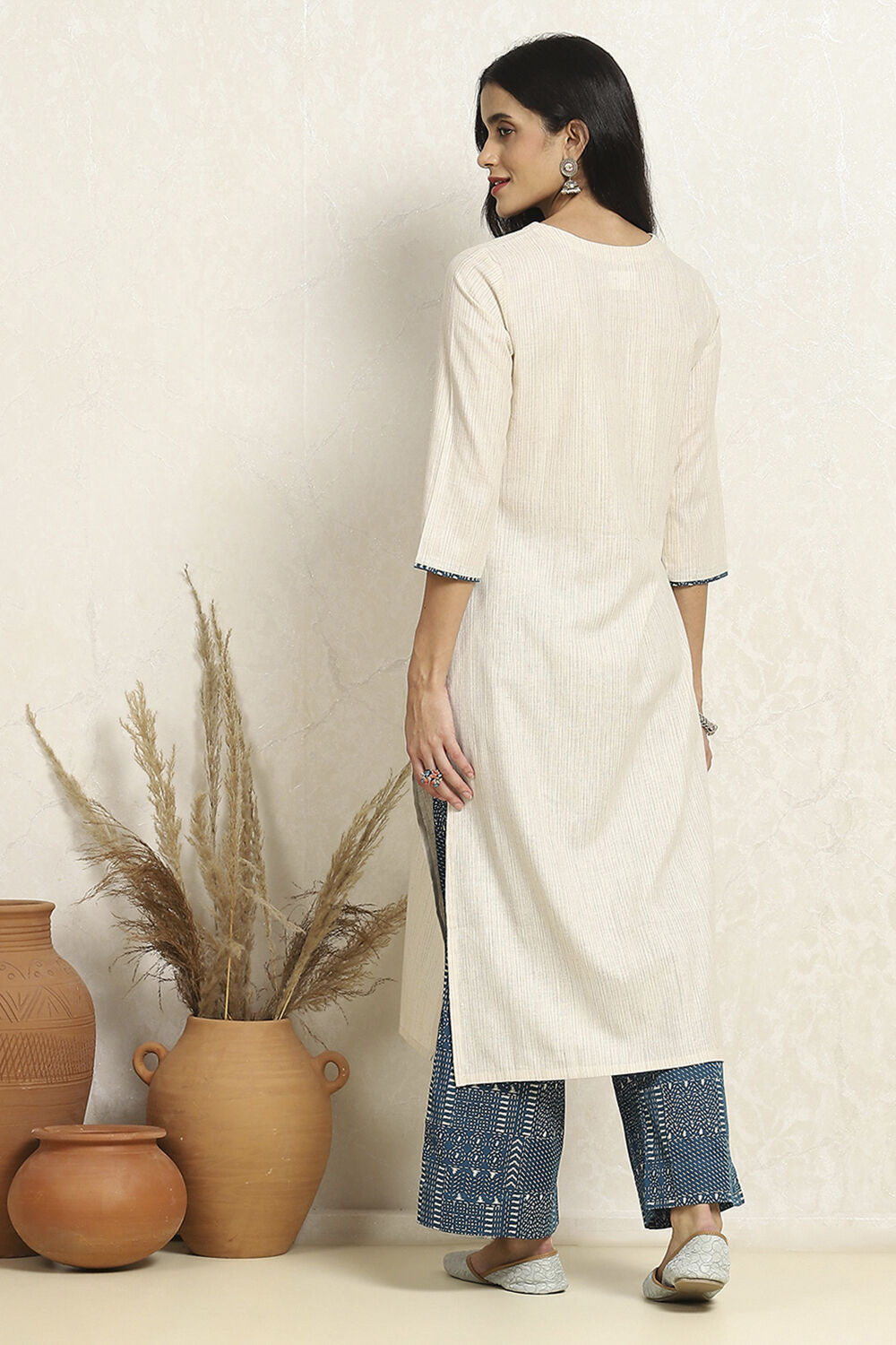 Off- White and Blue Cotton Printed Unstitched Suit Set image number 5