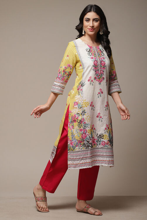 Yellow LIVA Straight Printed Kurta image number 4