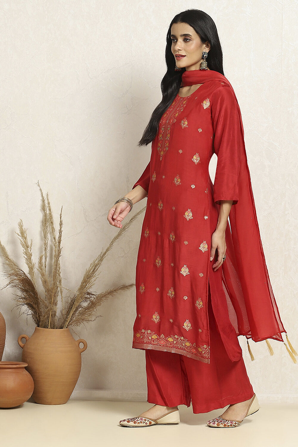 Red Viscose Silk Floral Woven Unstitched Suit Set image number 4
