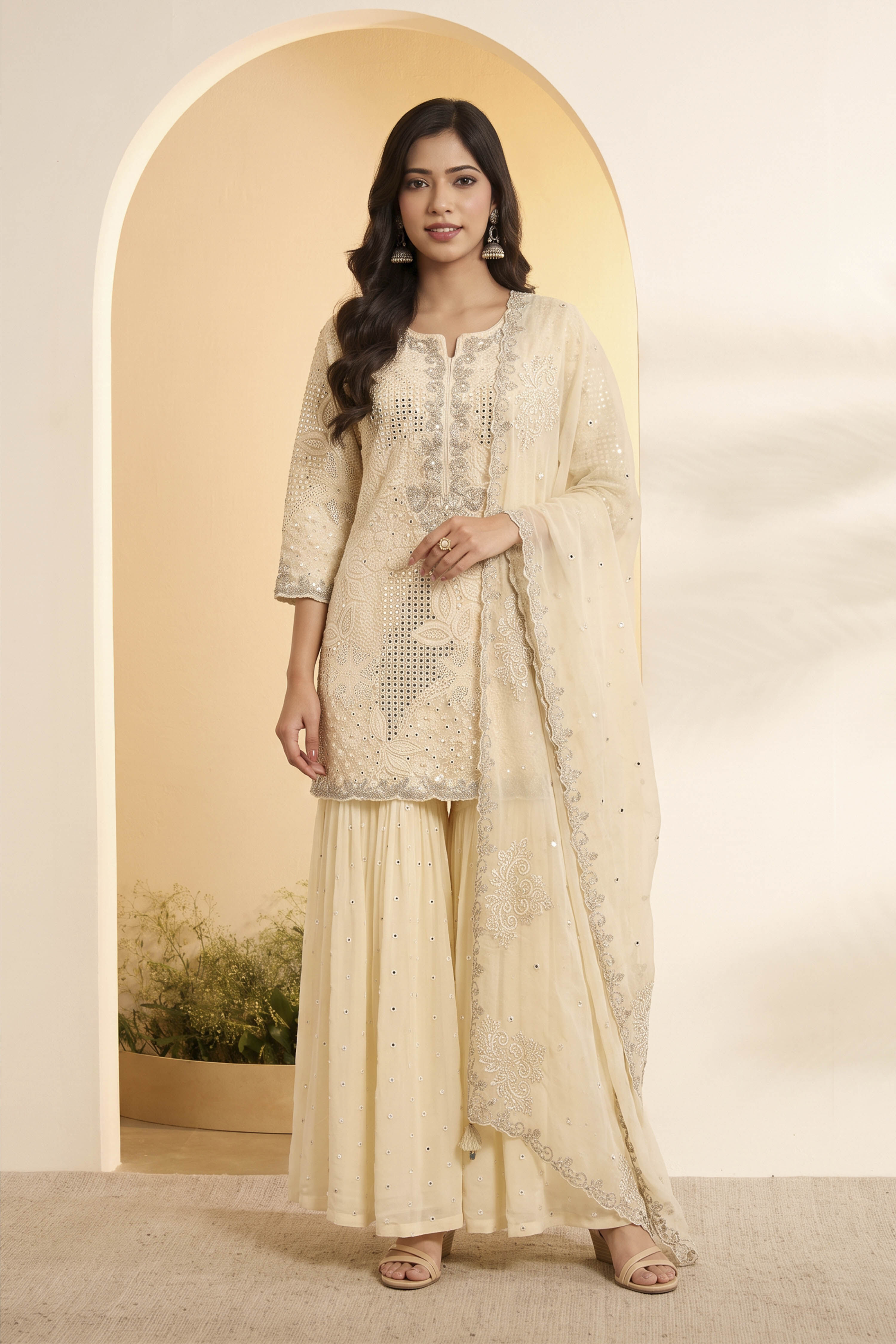 Ivory Butterfly Net Embroidered Sharara Suit Set image number 5