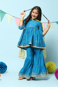 Blue Cotton Gathered Printed Suit Set image number 0
