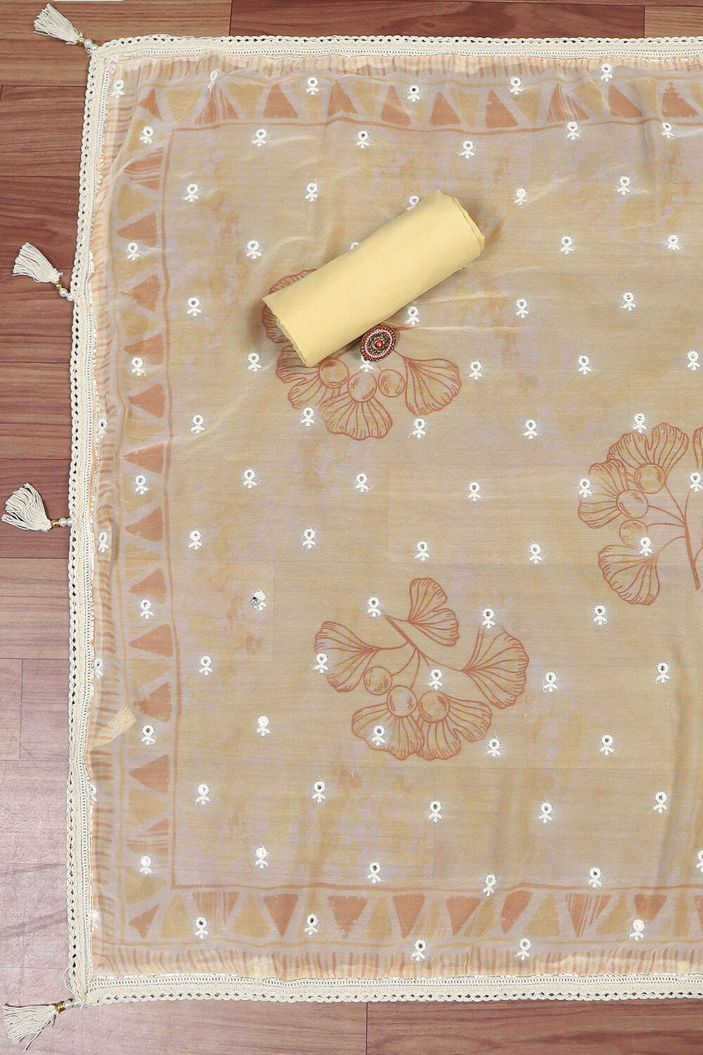 Yellow Cotton Schiffly Unstitched Suit Set image number 5