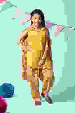 Yellow Poly Cotton A-Line Printed Kurta Dhoti Suit Set image number 0