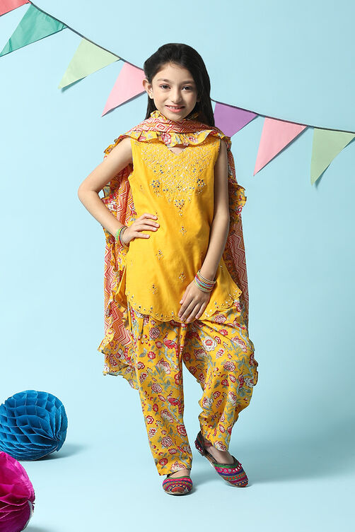 Yellow Poly Cotton A-Line Printed Kurta Dhoti Suit Set image number 0