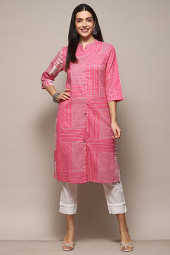 Pink Cotton Flax Narrow Kurta Pant Suit Set image number 6