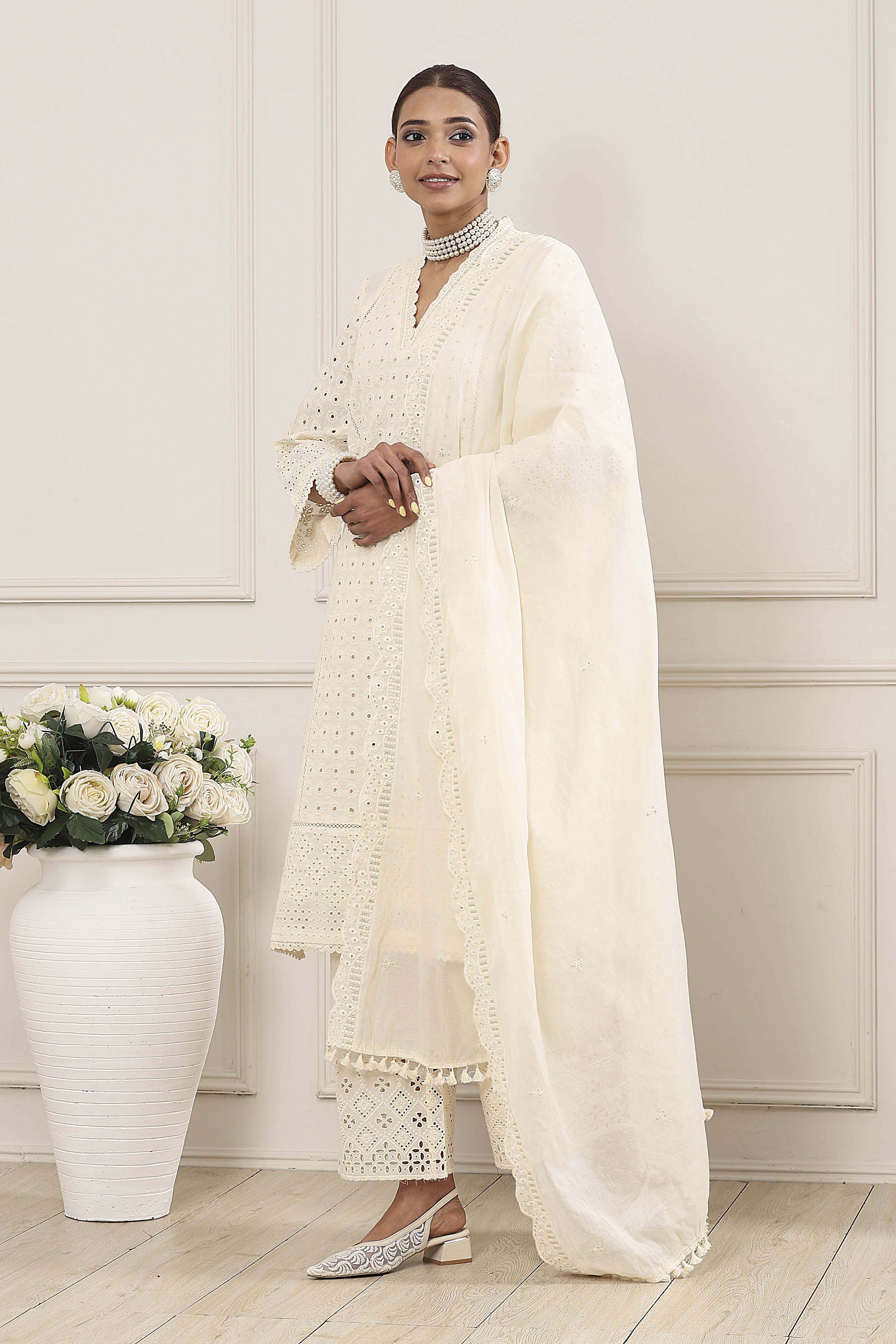 Cream-Toned Cotton Schiffli Straight Suit Set image number 2
