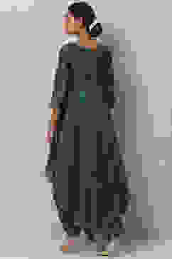 Teal Flared Cotton Silk Fusion Wear 2 Piece Set image number 4