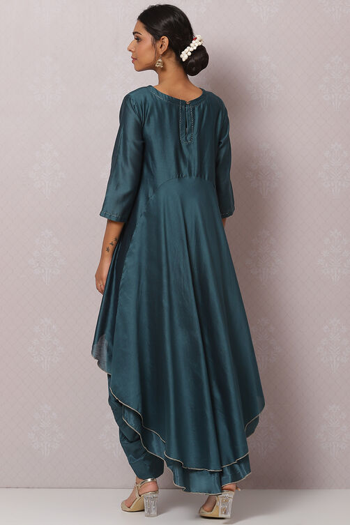 Teal Flared Cotton Silk Fusion Wear 2 Piece Set image number 4