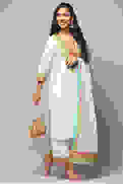 Cream Cotton Straight Suit Set image number 5