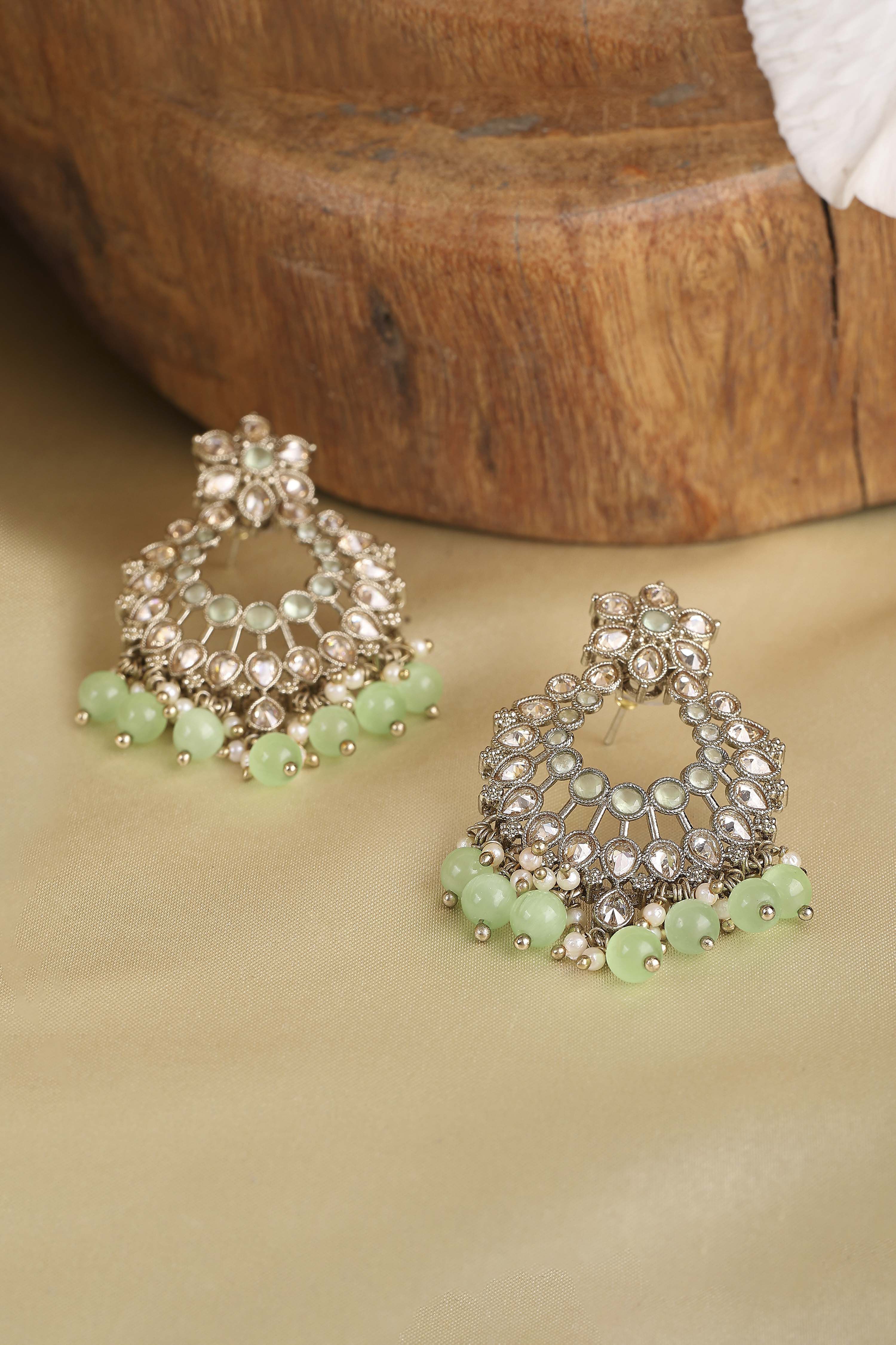 Mint Green Gold Plated Alloy Studded Chandbalis image number 0