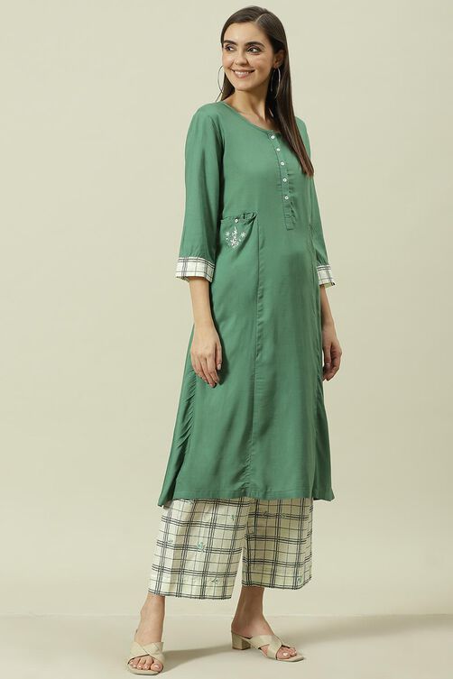 Sap Green Solid Rayon Straight Kurta Palazzo Suit Set image number 3