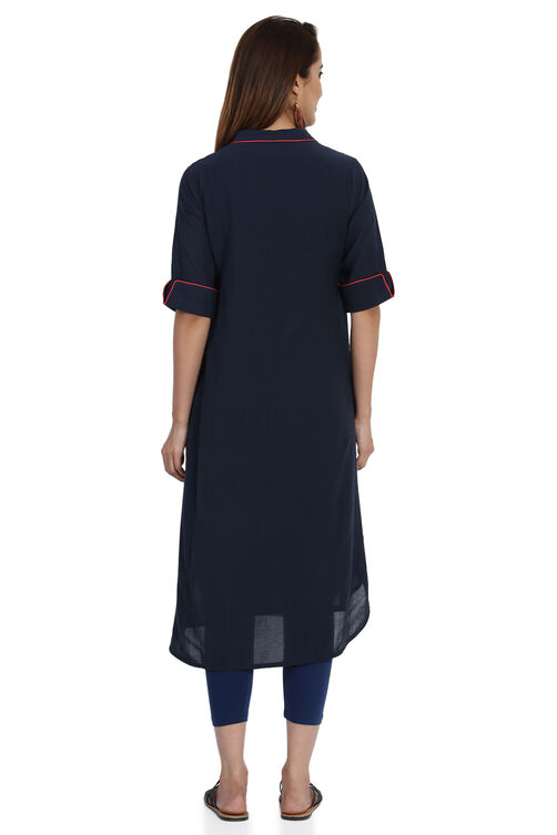 Navy Blue A-Line Cotton And Viscose Solid Kurta image number 5