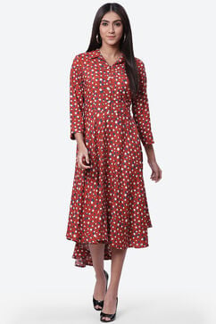 Rust Rayon Flared Printed Dress image number 0