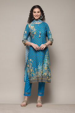 Turquoise Cotton Straight Printed Kurta Ankle Length Suit Set image number 0