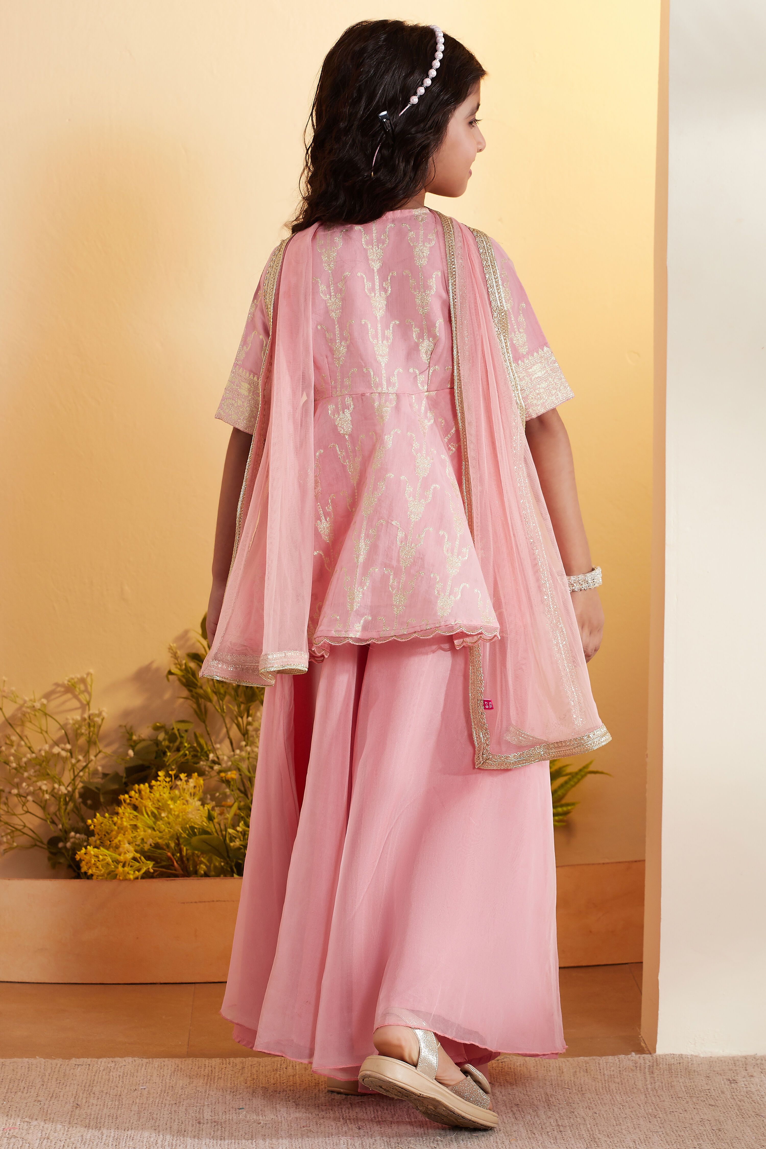 Peach Viscose Rayon Printed Front-Open Garara Kurta Set image number 5