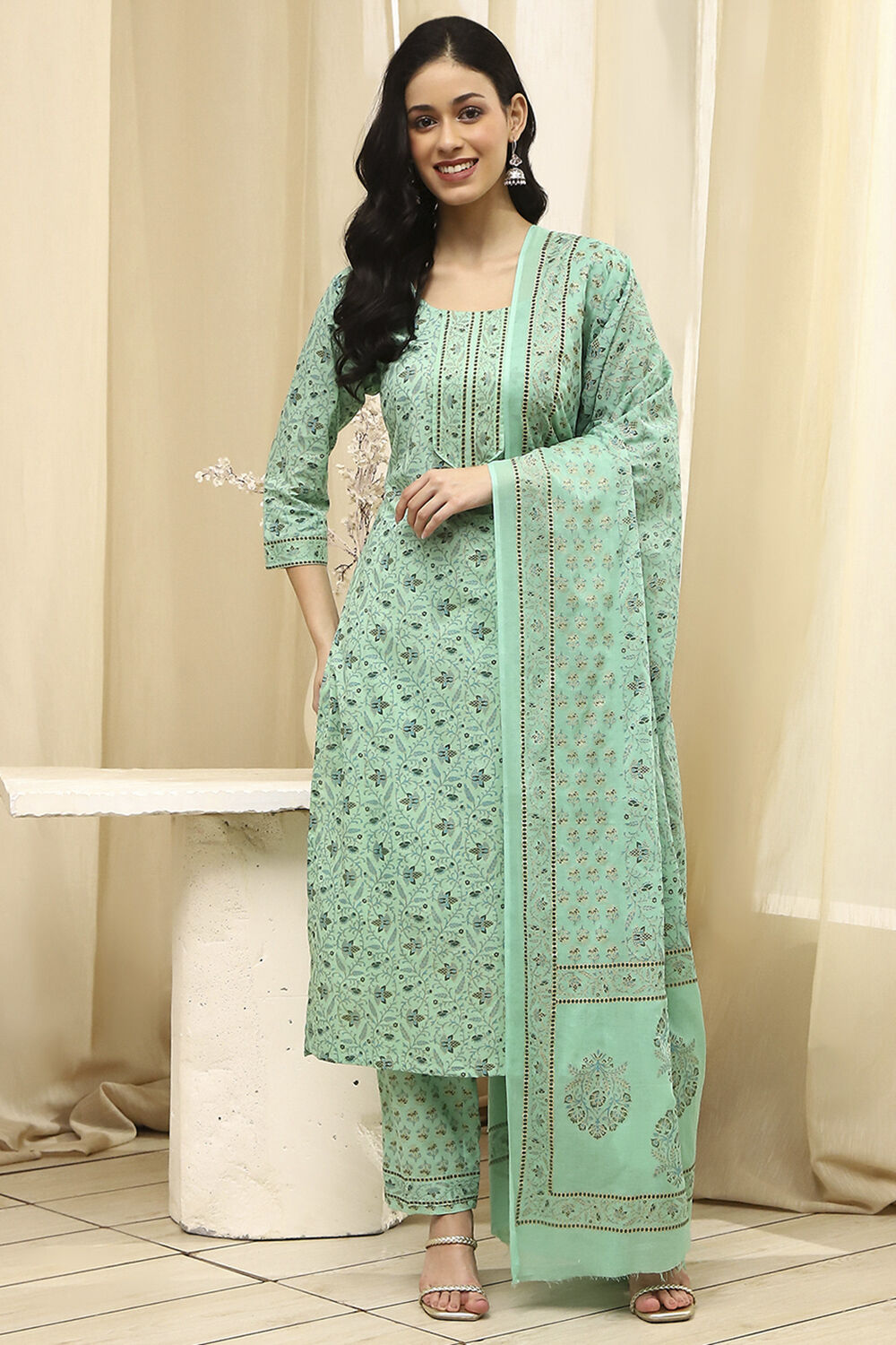 Pink Cotton Screen Print Unstitched Suit Set image number 7