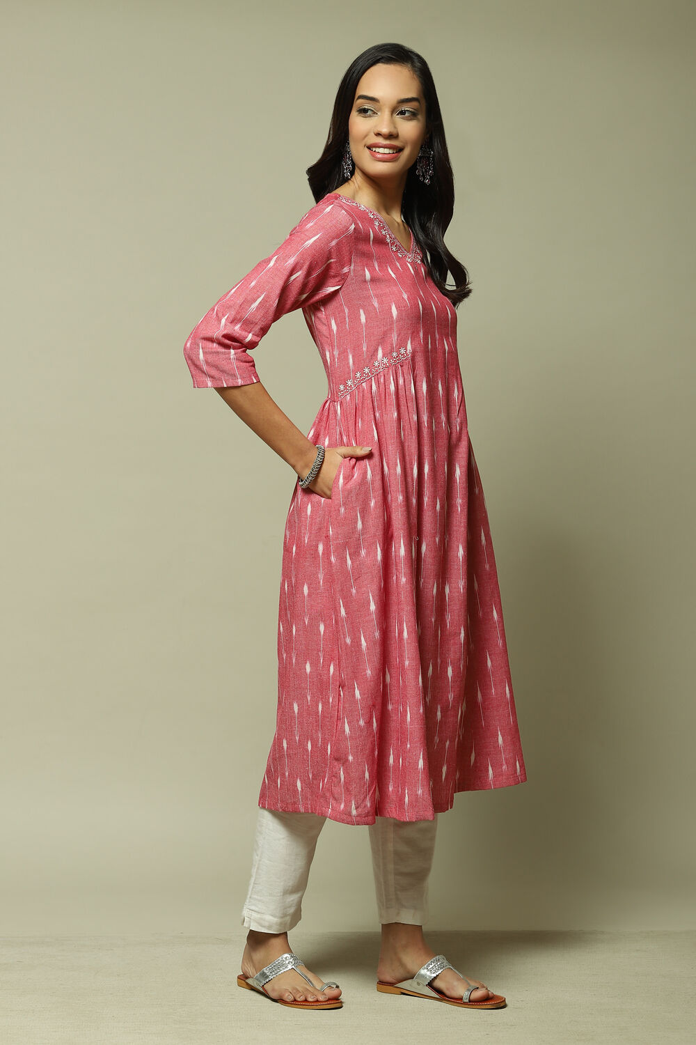 Red Cotton IKAT Flared Yarndyed Kurta image number 2