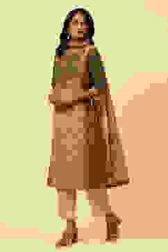 Khaki Cotton Straight Kurta Narrow Palazzo Suit Set image number 0