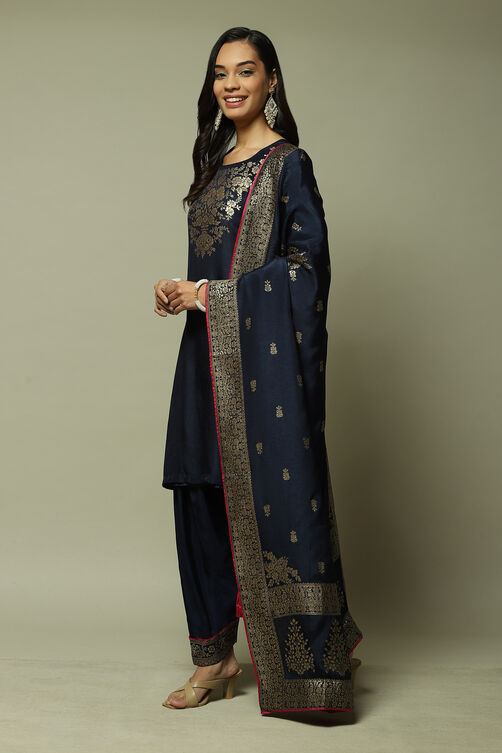 Navy LIVA Straight Kurta Salwar Kurta Salwar Suit Set image number 1