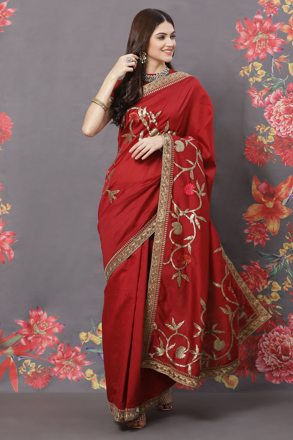 Rohit Bal Maroon Chanderi Silk Solid Saree With Blouse at Biba India