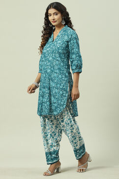 Teal Blue Cotton Straight Kurta Relaxed Salwar Suit Set image number 3