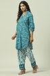 Teal Blue Cotton Straight Kurta Relaxed Salwar Suit Set image number 3