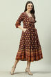 Brown LIVA Flared Printed Dress image number 0