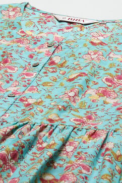 Green & Turquoise Printed Cotton Gathered Suit Set image number 1