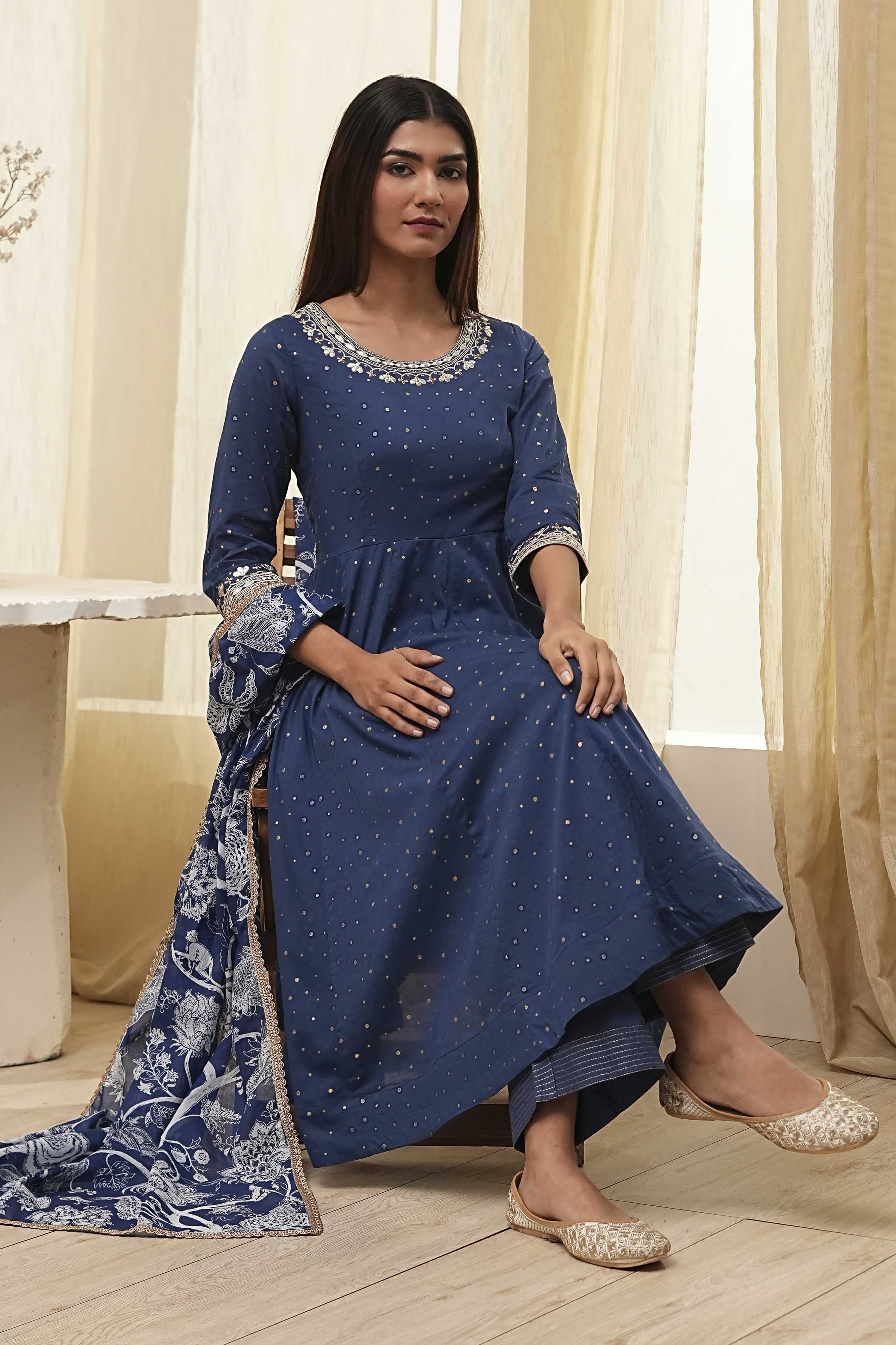 Blue Cotton Foil Printed Anarkali Suit Set image number 0