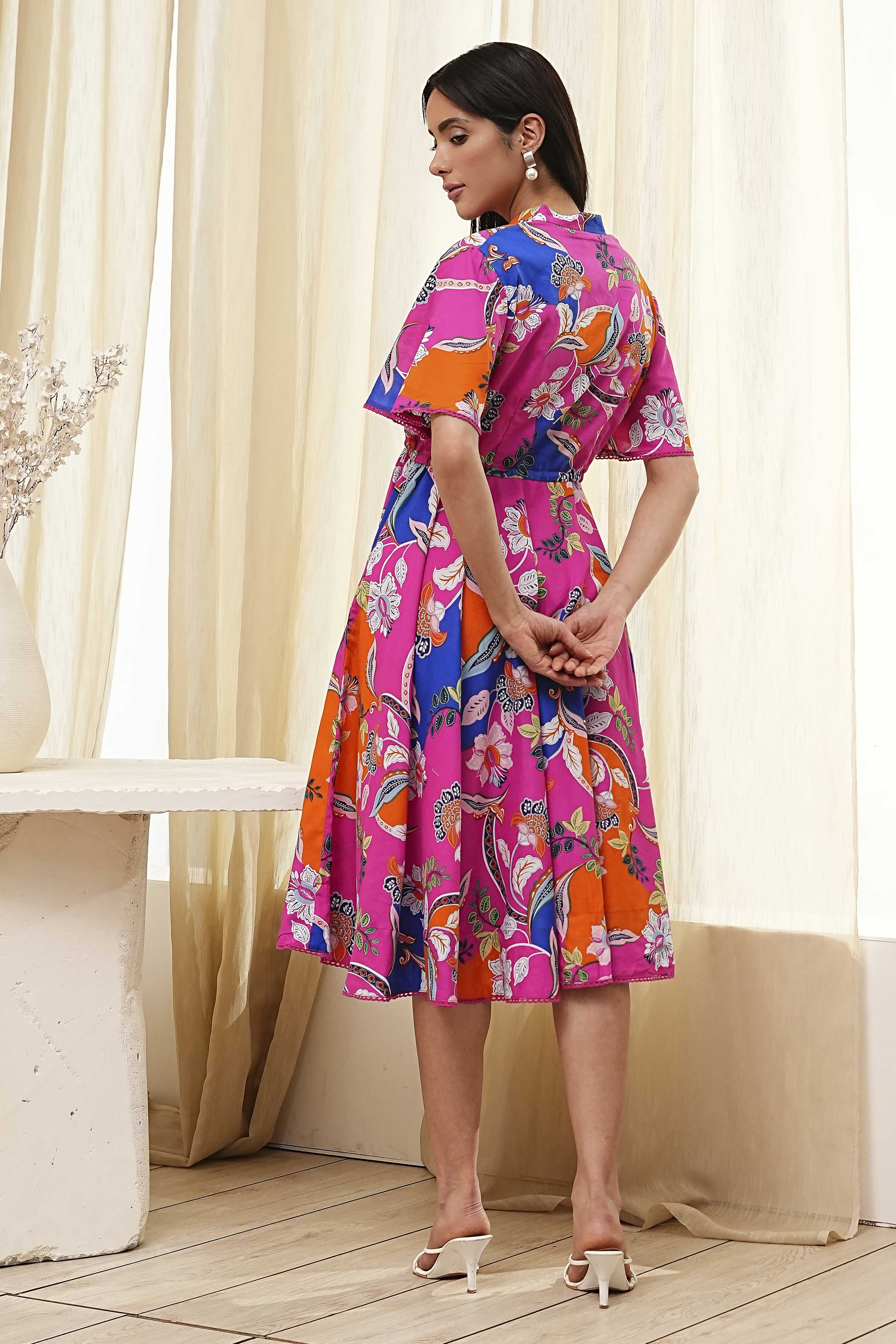 Pink Cotton Printed Flared Dress image number 3