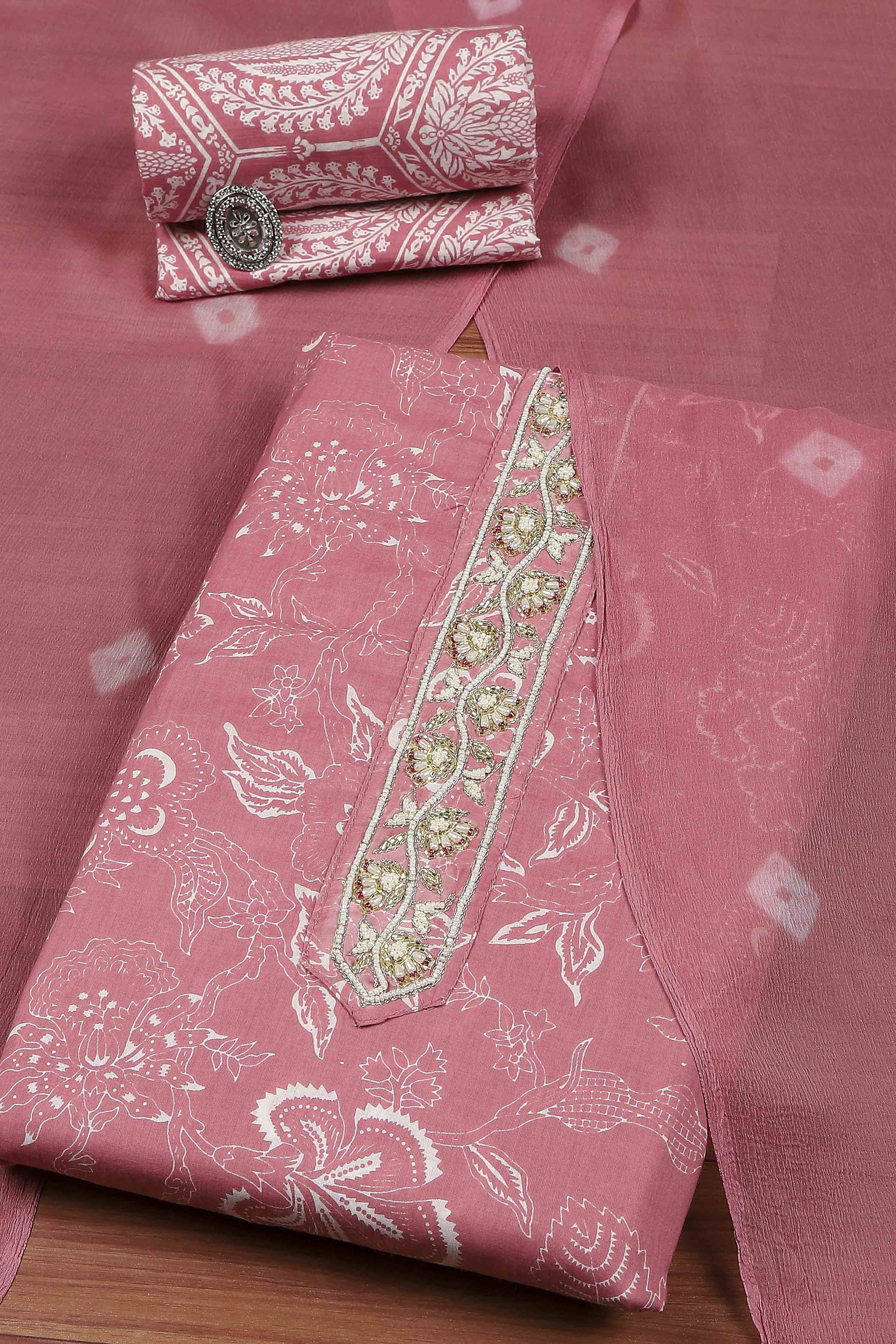 Pink Cotton Printed Embroidered Unstitched Suit Set image number 0