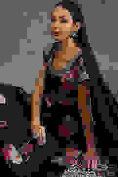 Rohit Bal Black Silk Chanderi Floral Printed Anarkali Suit Set image number 0