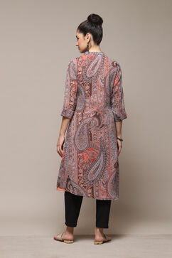 Peach & Blue Polyester Straight Printed Kurta image number 4