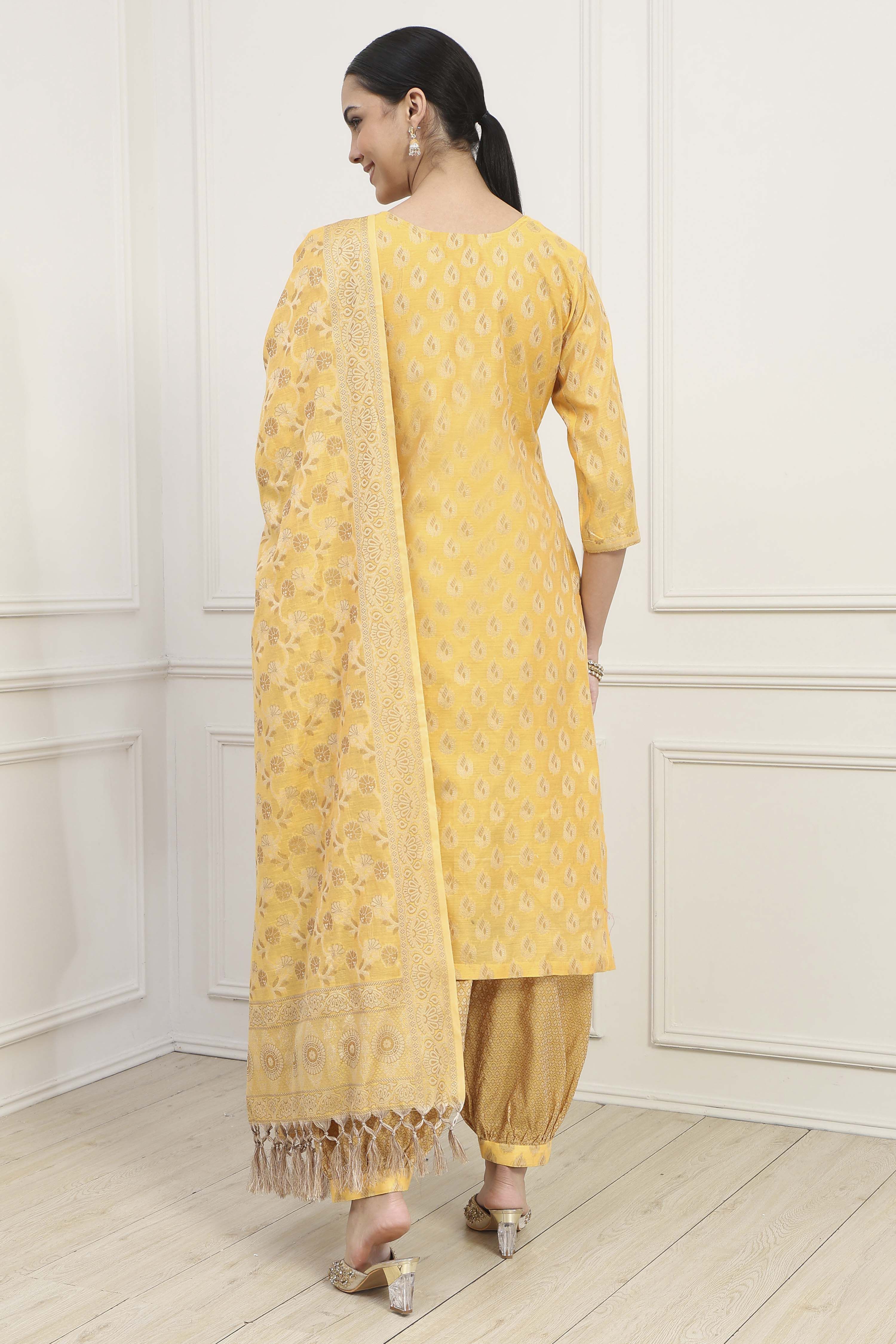 Mustard Chanderi Blend Brocade Unstitched Suit Set image number 5