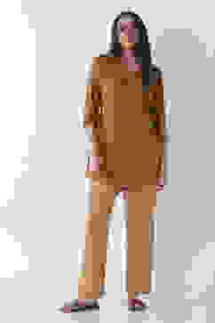 Beige Cotton Relaxed Dyed Pants image number 7