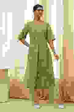 Lime Green and Beige Printed Straight Kurta Set image number 6