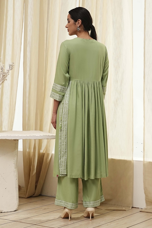 Olive Green Embroidered Gathered Suit Set image number 4