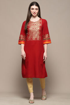 Red Cotton Straight Kurta image number 5