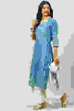 Blue Cotton Straight Kurta image number 5