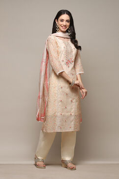 Peach Chanderi Blend Machine Embroidered Unstitched Suit Set image number 7